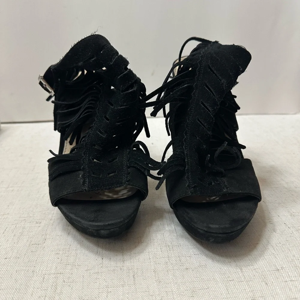 Bar III Black Fringe Block Heels - Picture 3 of 10